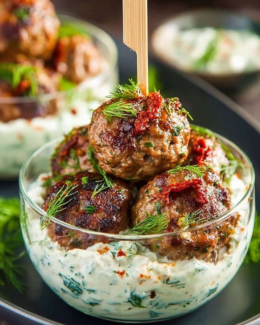 Greek Meatballs with Sun-Dried Tomato Tzatziki: A Creamy Twist 3 Greek Style Beef Meatballs with Creamy Sun Dried Tomato Tzatziki