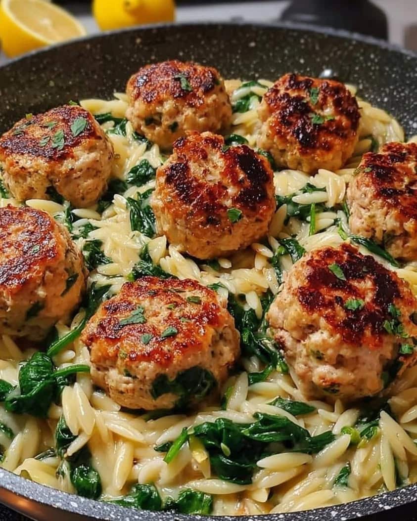 The Best Lemony Chicken Ricotta Meatballs with Garlic Spinach Orzo Recipe 10 Lemony Chicken Ricotta Meatballs Over Garlic Spinach Orzo