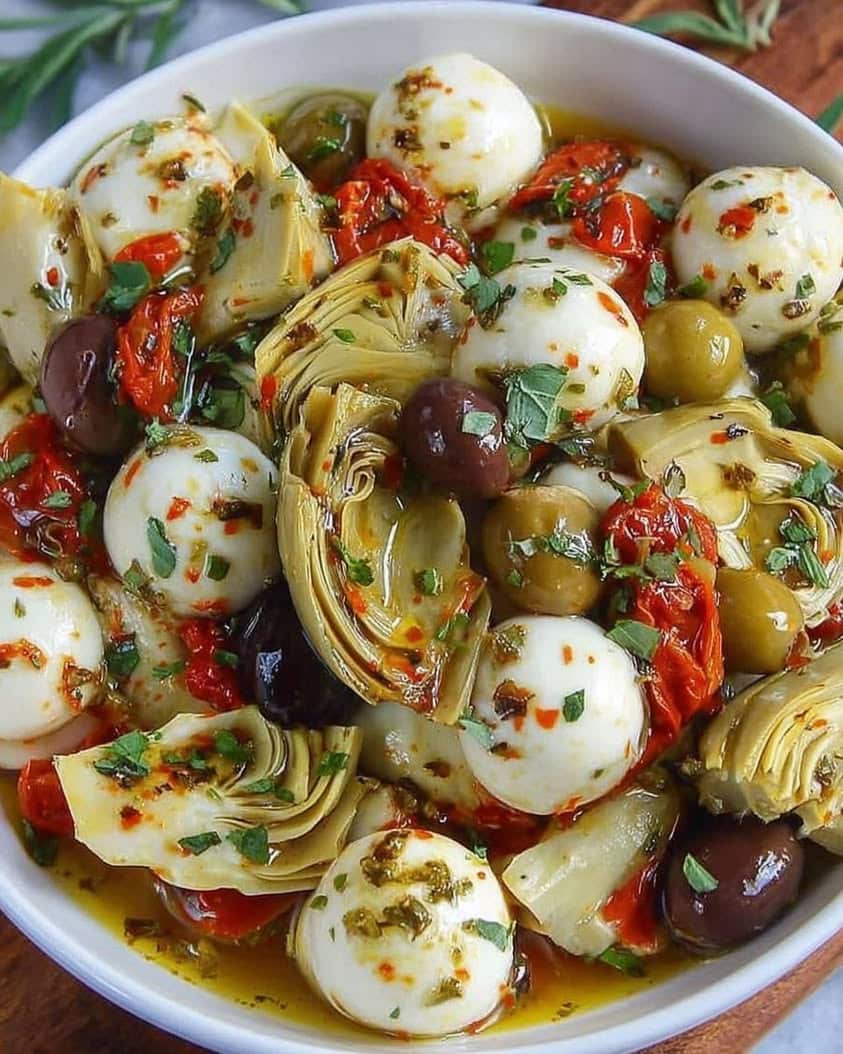 The Ultimate Marinated Mozzarella, Artichoke, and Olive Appetizer Recipe 3 Marinated Mozzarella Balls Artichokes and Olives