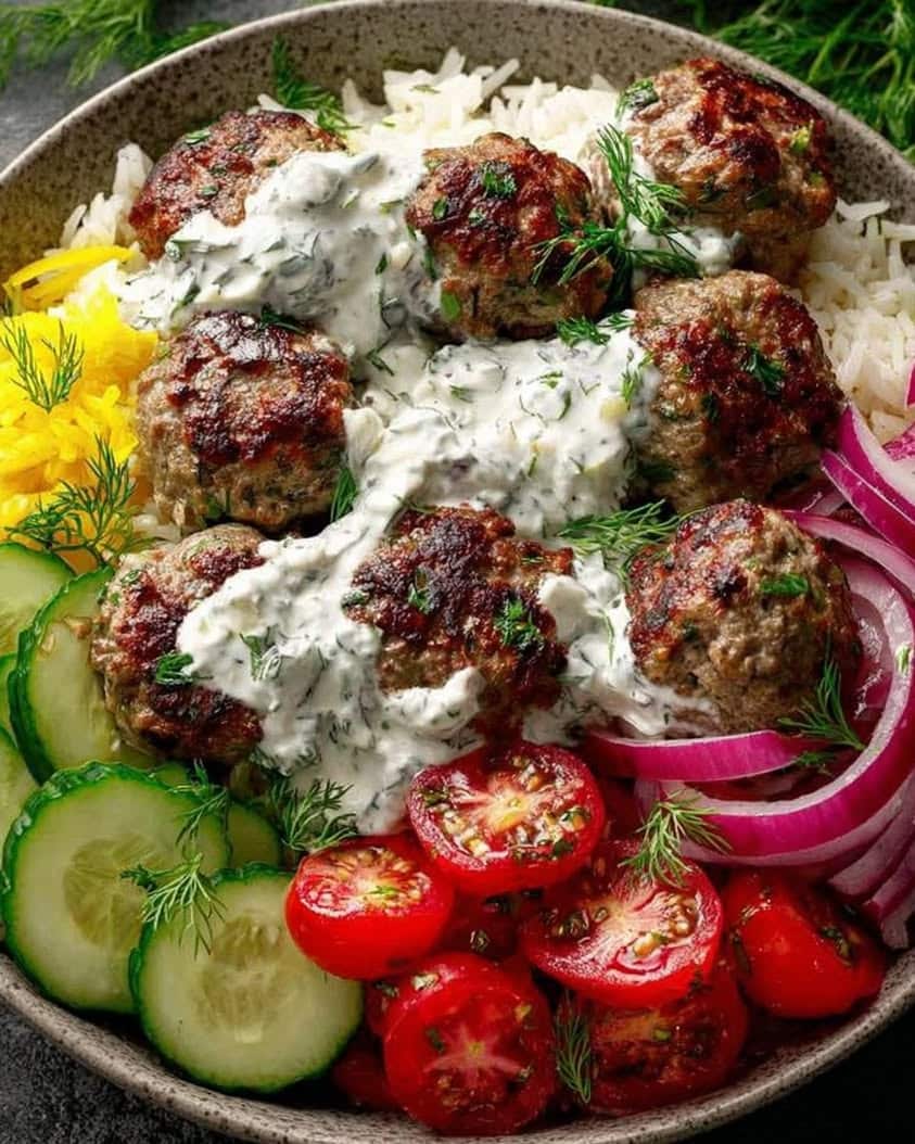 Mediterranean Meatball Rice Bowl with Tzatziki: Easy Healthy Dinner 4 Mediterranean Meatball Rice Bowl with Tzatziki Fresh Veggies