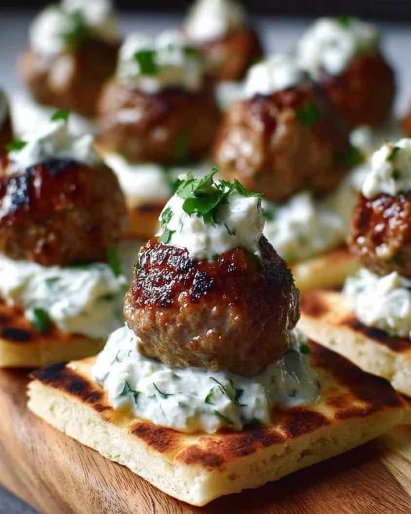 Mini Greek Meatball Bites with Tzatziki on Pita