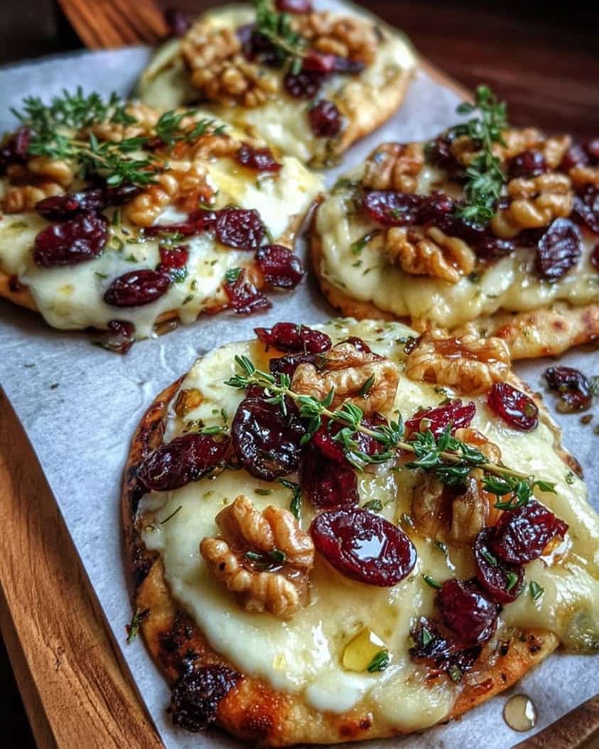 The Ultimate Brie and Cranberry Mini Pizza with Hot Honey Drizzle 9 Mini Pizza with Brie Cranberries Toasted Walnuts with a Hot Honey Drizzle