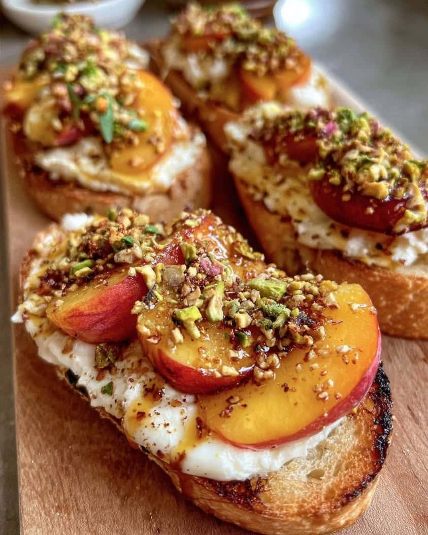 Peach & Hot Honey Brie Crostini with Pistachio Crunch: The 15-Minute Summer Appetizer 3 Peach Hot Honey Brie Crostini with Pistachio Crunch