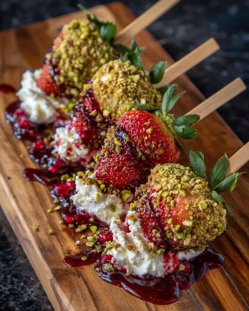 Pistachio-Crusted Strawberry Skewers with Whipped Feta & Cranberry Drizzle 1 Pistachio Crusted Strawberry Skewers with Whipped Feta Cranberry Drizzle