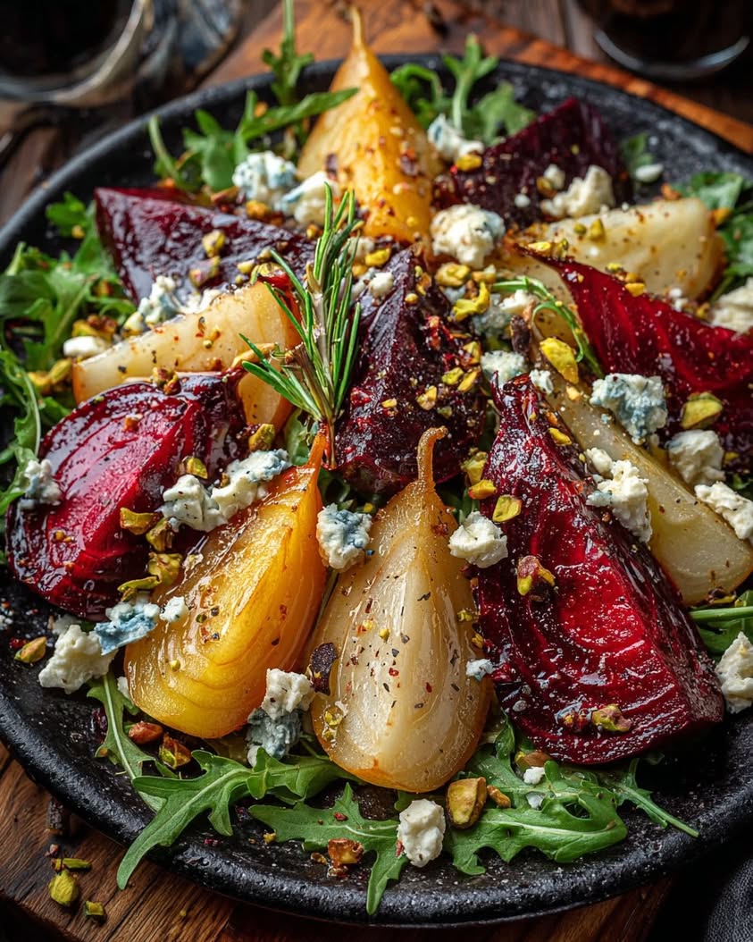 Roasted Beet and Caramelized Pear Salad with Feta Pistachios