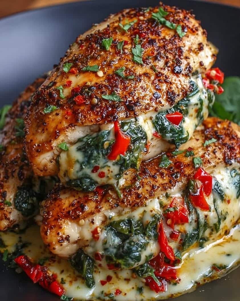 Roasted Red Pepper Spinach and Mozzarella Stuffed Chicken