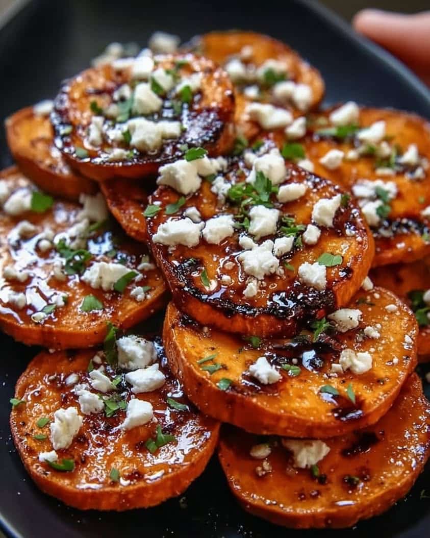 Easy Roasted Sweet Potato Rounds with Honey and Feta 3 Roasted Sweet Potato Rounds with Honey and Feta