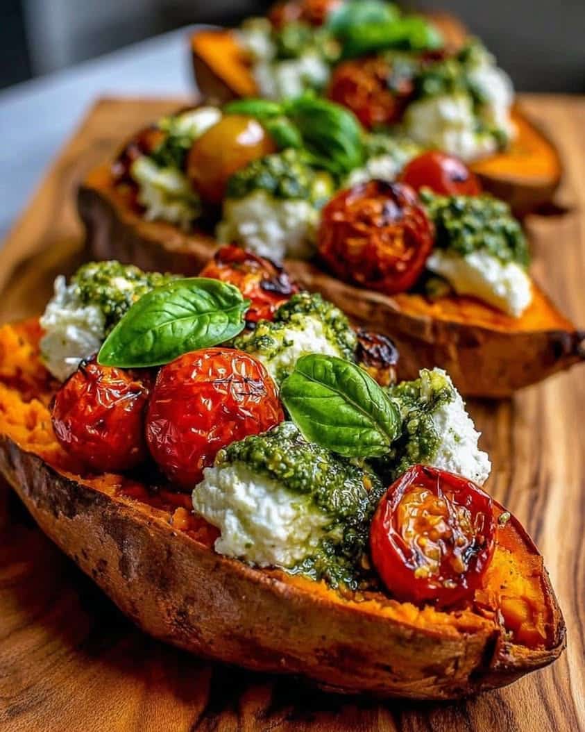 Roasted Sweet Potatoes Stuffed with Ricotta Cherry Tomatoes Pesto