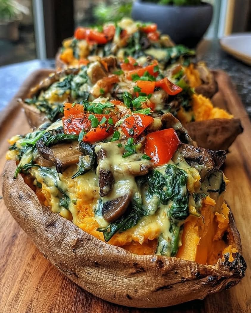 STUFFED SWEET POTATOES WITH SPINACH MUSHROOM FETA LEMON TAHINI DRESSING ENHANCED WITH ROASTED RED PEPPERS