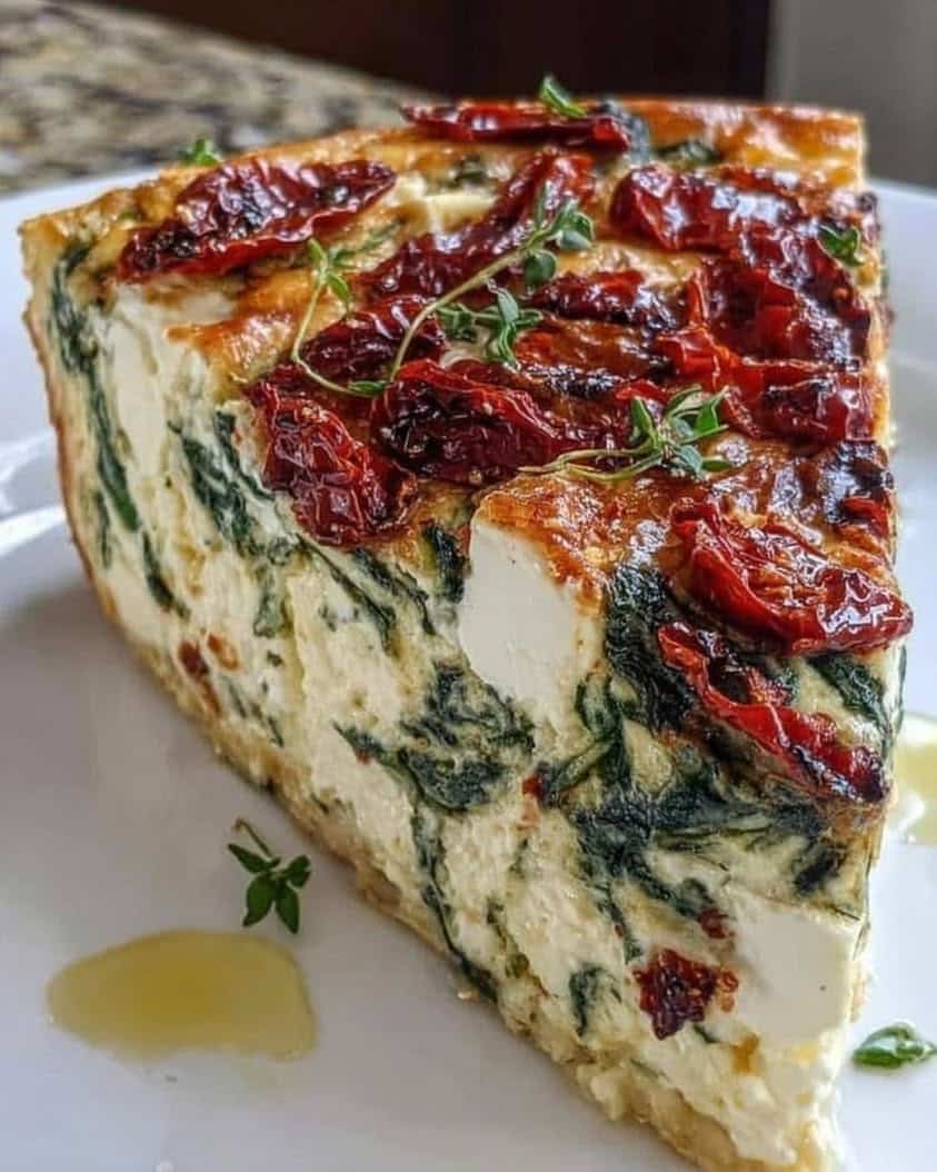 Spinach Sun Dried Tomato Feta Crustless Quiche