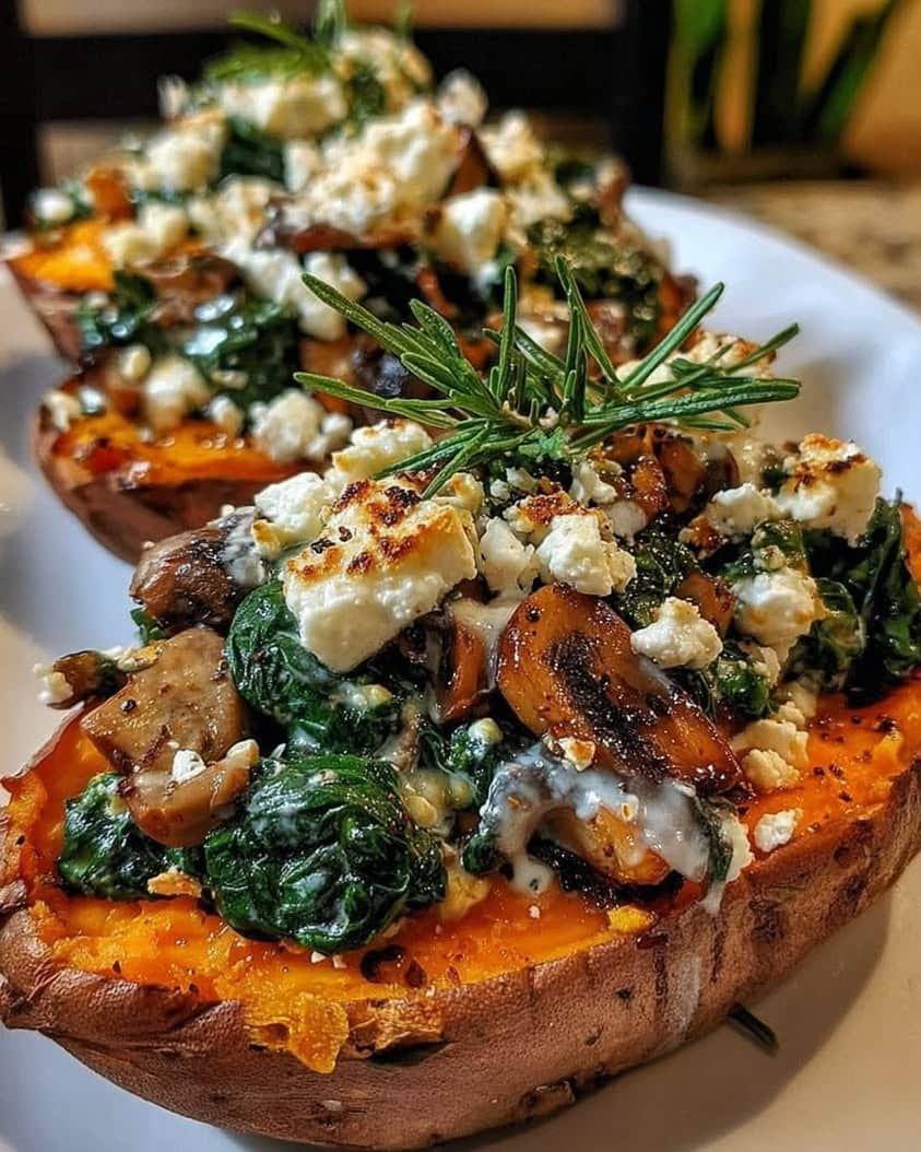 Stuffed Sweet Potatoes with Spinach, Mushroom, Feta & Lemon Garlic Yogurt 9 Stuffed Sweet Potatoes with Spinach Mushroom Feta Rosemary Drizzled with Lemon Garlic Yogurt Sauce