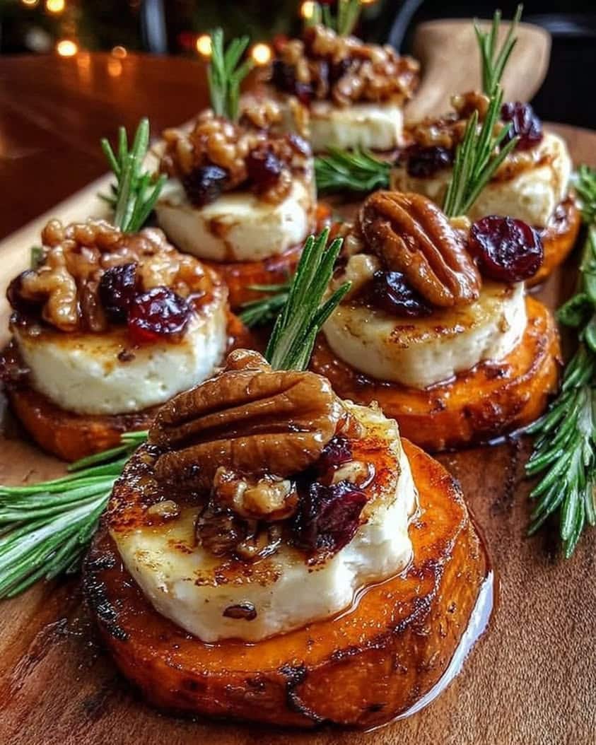 Sweet Potato Rounds with Brie, Cranberry, and Hot Honey Pecans 4 Sweet Potato Rounds with Brie Cranberry Toasted Pecans with Hot Honey Drizzle