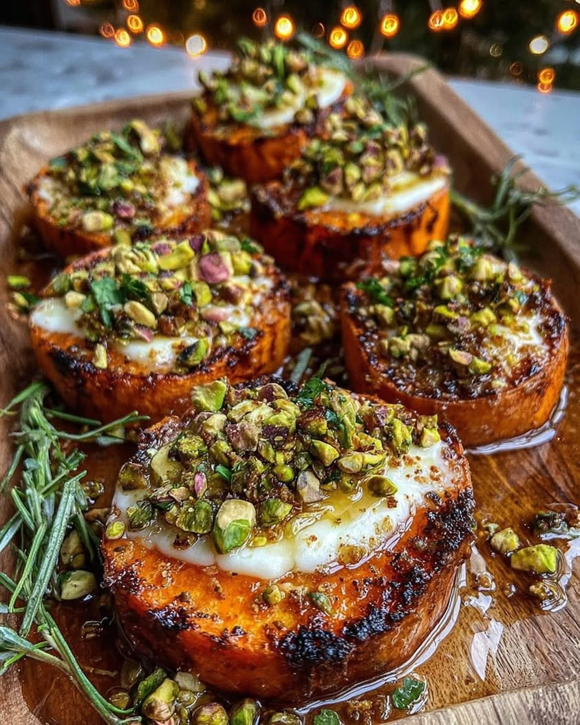 Sweet Potato Rounds with Brie, Hot Honey & Pistachios: An Easy Appetizer 5 Sweet Potato Rounds with Melted Brie Hot Honey Crushed Pistachios