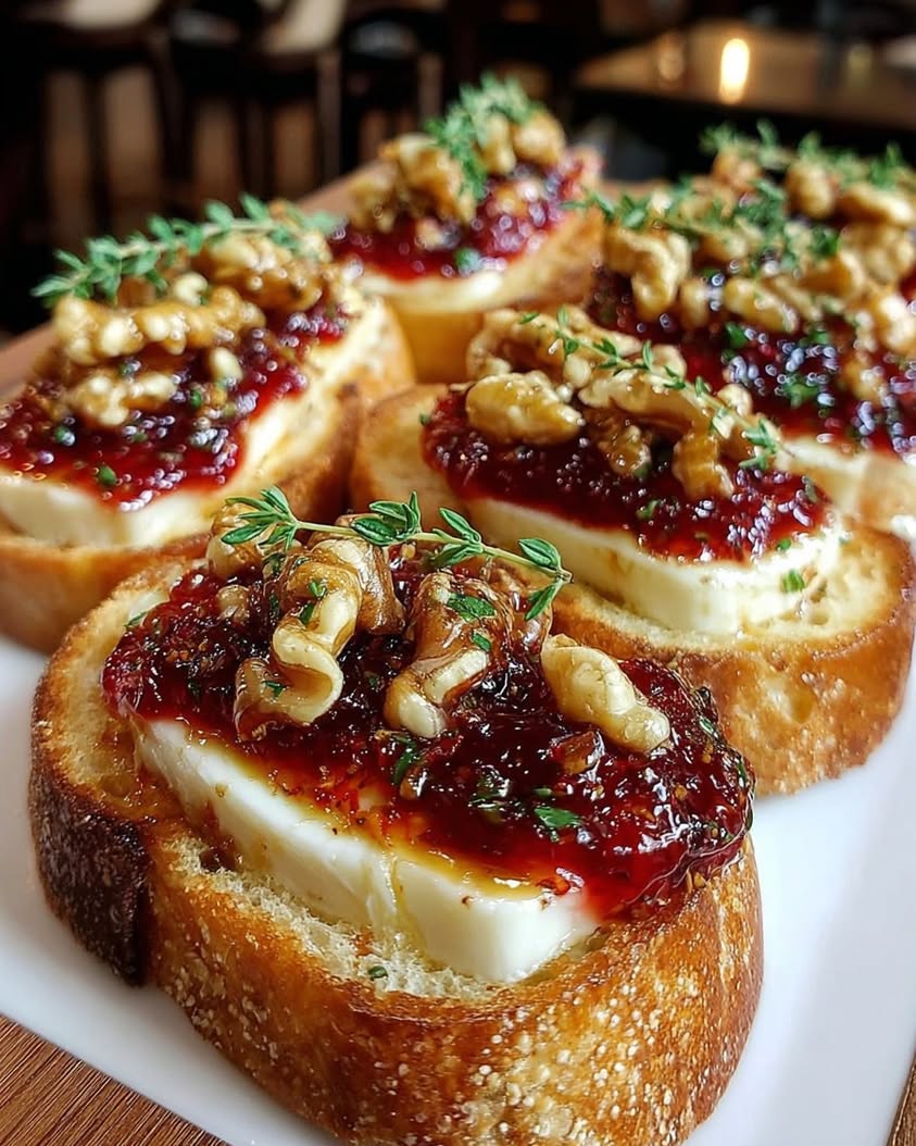 The Ultimate Brie Crostini Recipe with Strawberry Jam and Hot Honey 5 Toasted Crostini with Brie Rich Strawberry Jam Hot Honey Walnut and Fresh Thyme