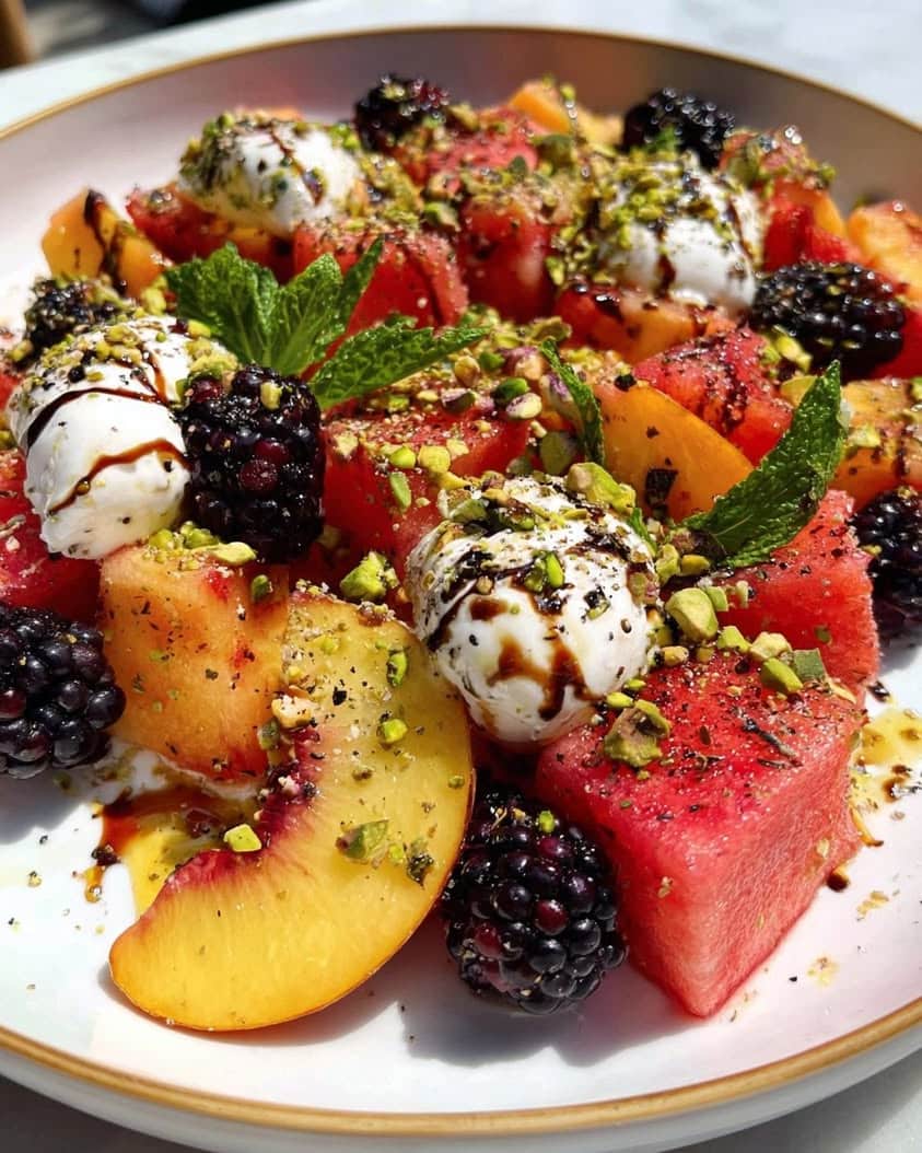 Summer Salad Recipe: Watermelon, Peach, Blackberry & Burrata Cubes with Balsamic Honey Drizzle 3 Watermelon Peach Blackberry Burrata Cubes with Balsamic Honey Drizzle 1
