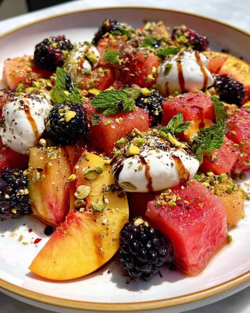 Watermelon Peach Blackberry Burrata Cubes Recipe with Balsamic Honey Drizzle 5 Watermelon Peach Blackberry Burrata Cubes with Balsamic Honey Drizzle