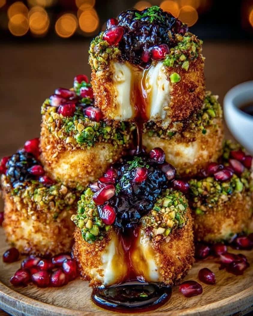 Blackberry Hot Honey Brie Bites with Pistachio Crunch