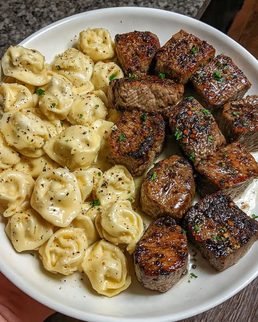 Garlic Butter Steak Bites & Creamy Alfredo Tortellini Recipe