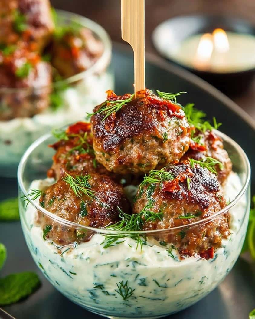 Greek Beef Meatballs with Creamy Sun-Dried Tomato Tzatziki