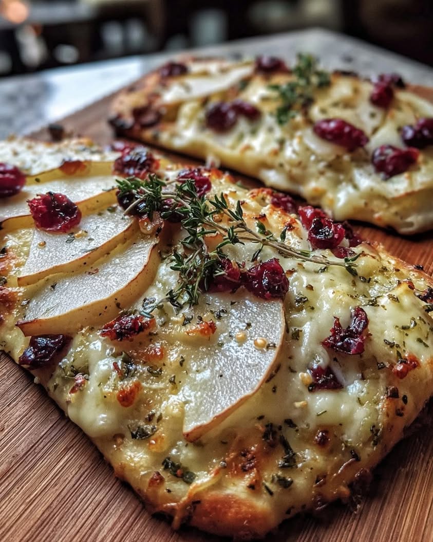 Easy Pear Brie and Cranberry Flatbread with Thyme