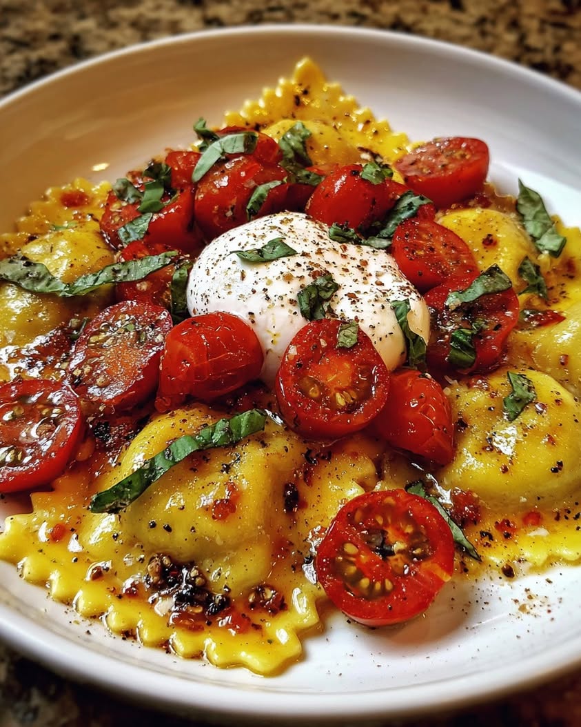 Ricotta Lemon Ravioli with Burst Tomatoes and Burrata