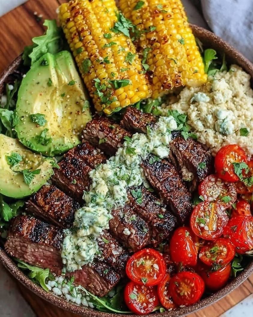 Steak Avocado and Roasted Corn Bowl with Cilantro Cream