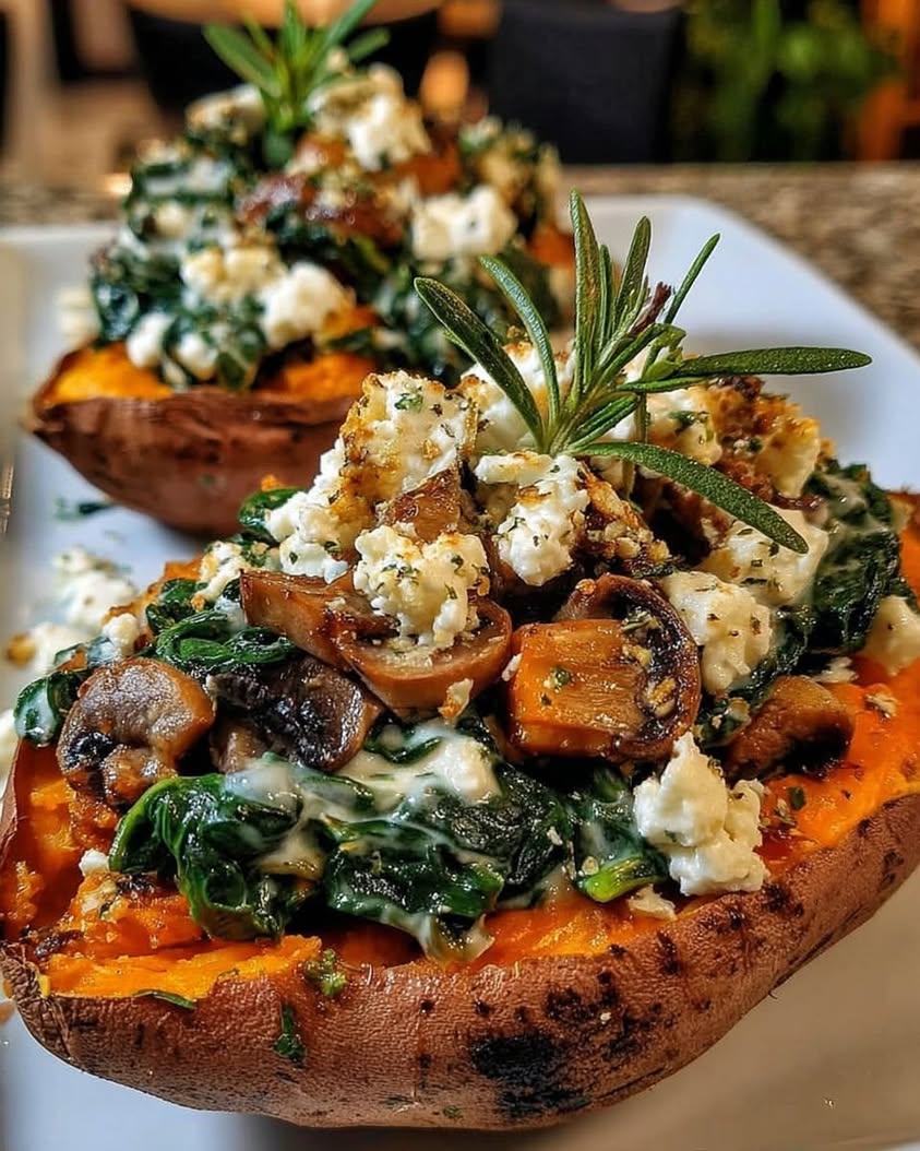 Stuffed Sweet Potatoes with Spinach, Feta & Lemon Yogurt