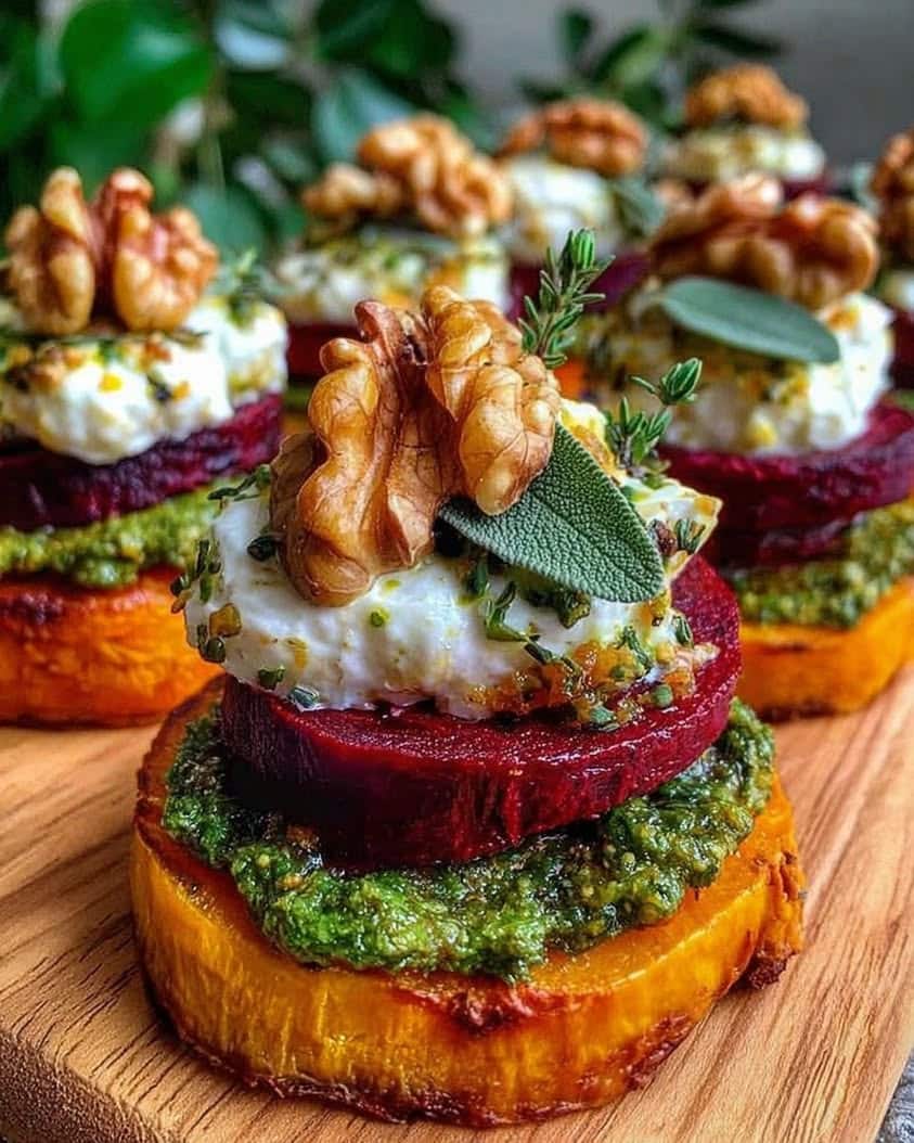 Sweet Potato & Beet Stacks with Pesto, Burrata & Walnuts