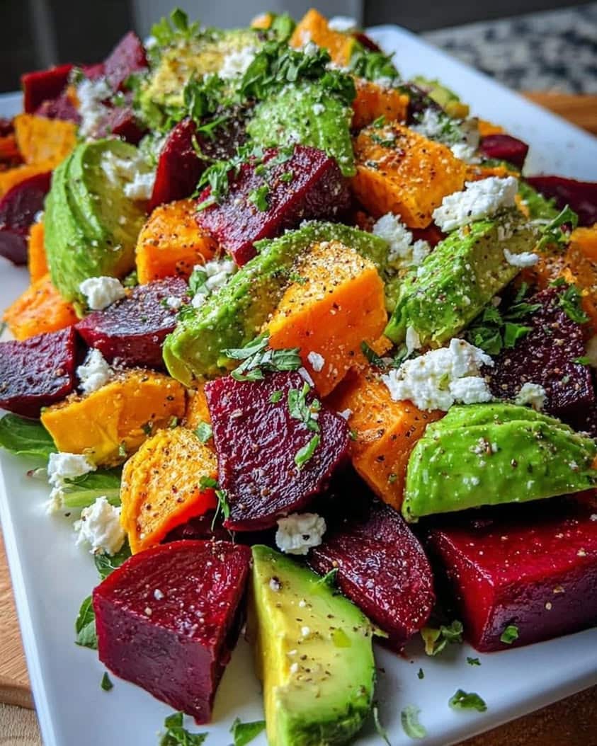 Vibrant Roasted Beet Sweet Potato Avocado Salad Recipe