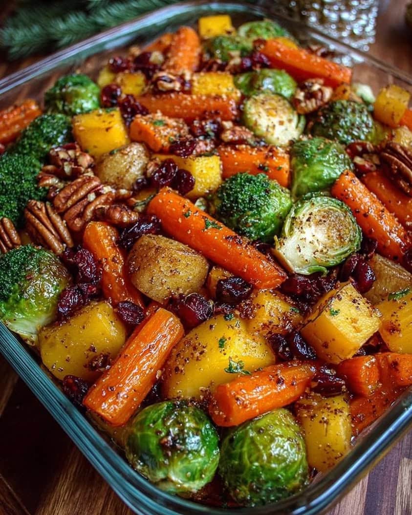 Caramelized Butternut Squash & Veggies with Feta and Cranberry-Honey Glaze 2 Caramelized Butternut Squash Carrots Broccoli Yukon Potatoes with Feta Pecans Cranberry Honey Glaze 1