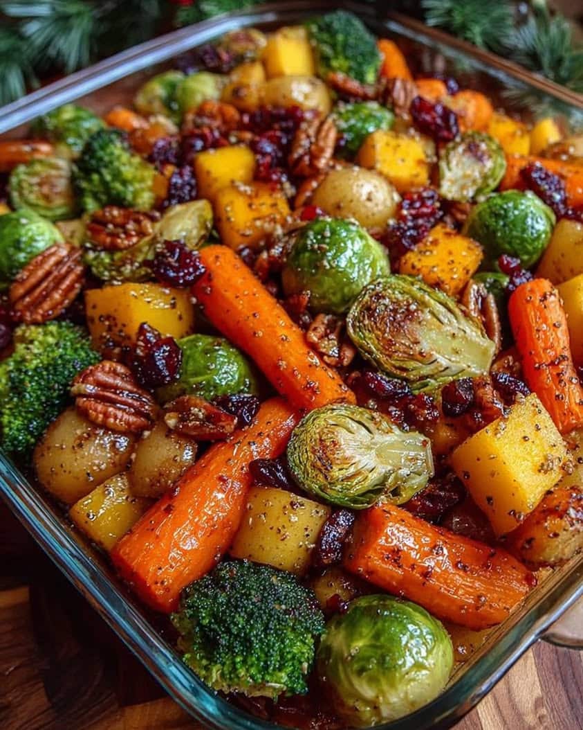Caramelized Butternut Squash & Veggies with Cranberry-Honey Glaze 3 Caramelized Butternut Squash Carrots Broccoli Yukon Potatoes with Feta Pecans Cranberry Honey Glaze