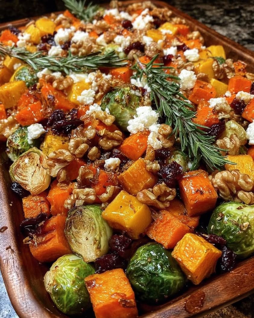 Caramelized Butternut Squash Carrots Brussels Sprouts Sweet Potato with Feta Walnuts Cranberry Honey Glaze