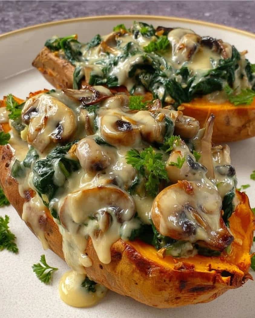 Creamy Mushroom Spinach Sweet Potato Boats: A Cozy Vegetarian Dinner 9 Creamy Mushroom Spinach Sweet Potato Boats 1