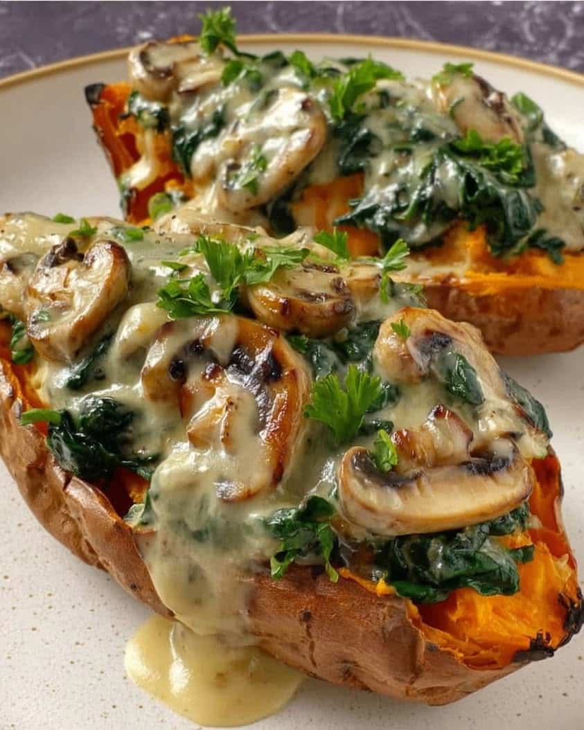 Creamy Mushroom Spinach Sweet Potato Boats 2