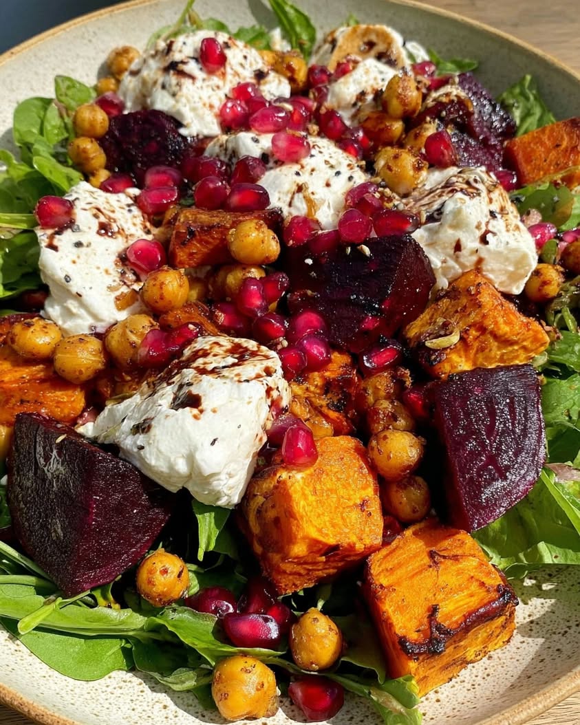 Crispy Chickpea Beetroot Salad with Whipped Feta Sweet Potato Honey Balsamic