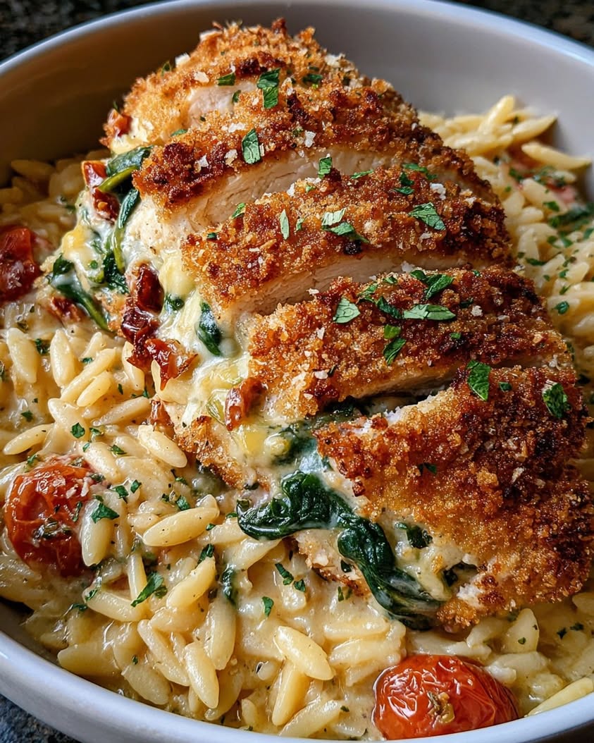 Crispy Feta and Spinach Stuffed Chicken with Orzo