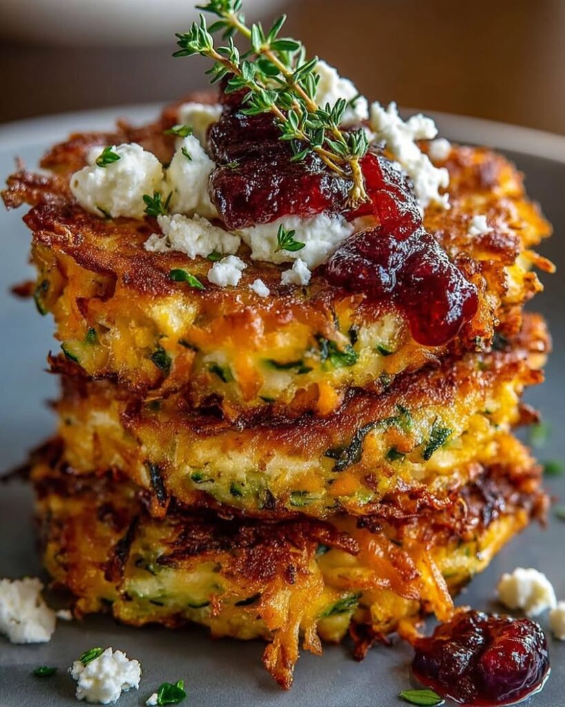 Crispy Sweet Potato Zucchini Rosti Fritters with Feta Cranberry Honey Dip