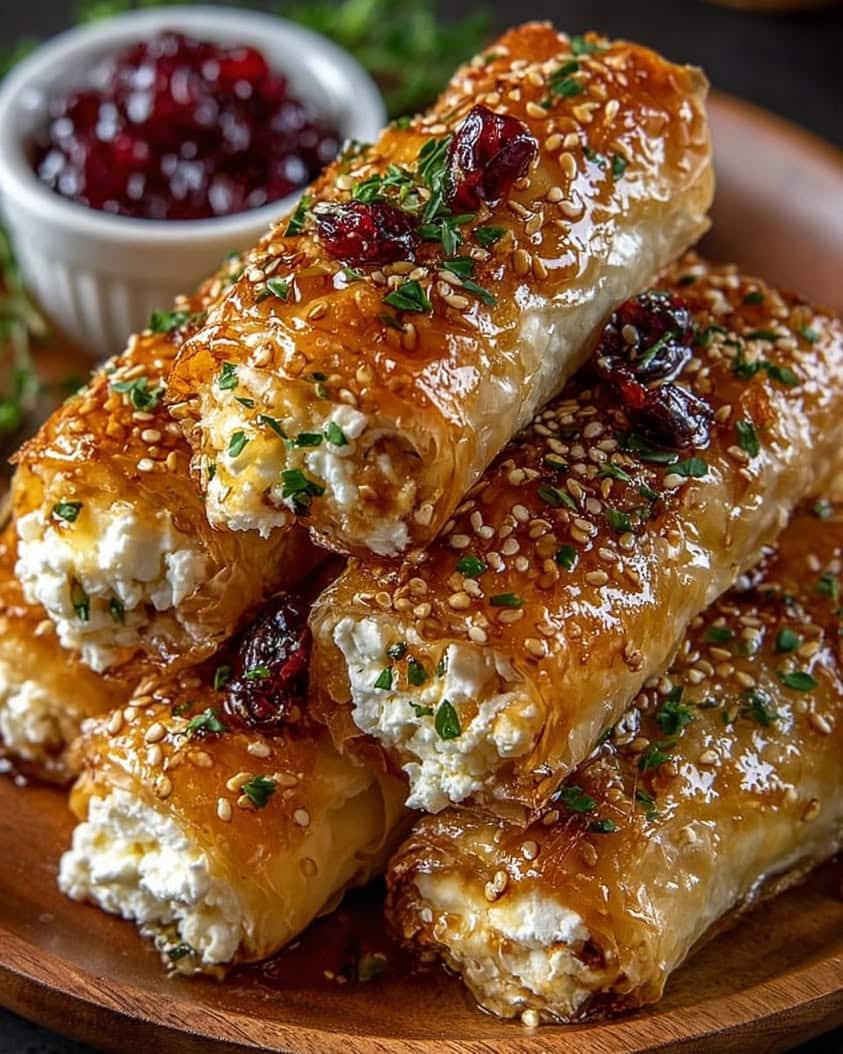 Golden Baked Feta Rolls with Sweet Cranberry Honey