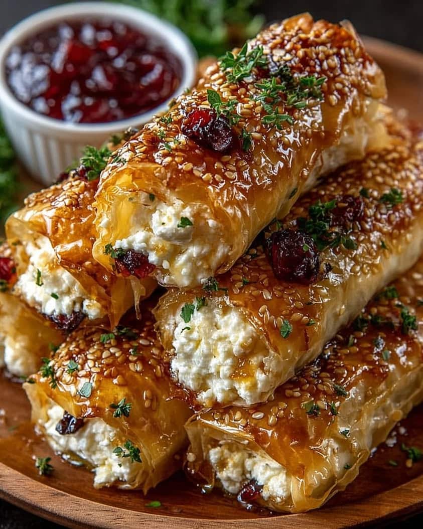 Golden Baked Feta Rolls with Sweet Cranberry Honey 10 Golden Baked Feta Rolls with Sweet Cranberry Honey