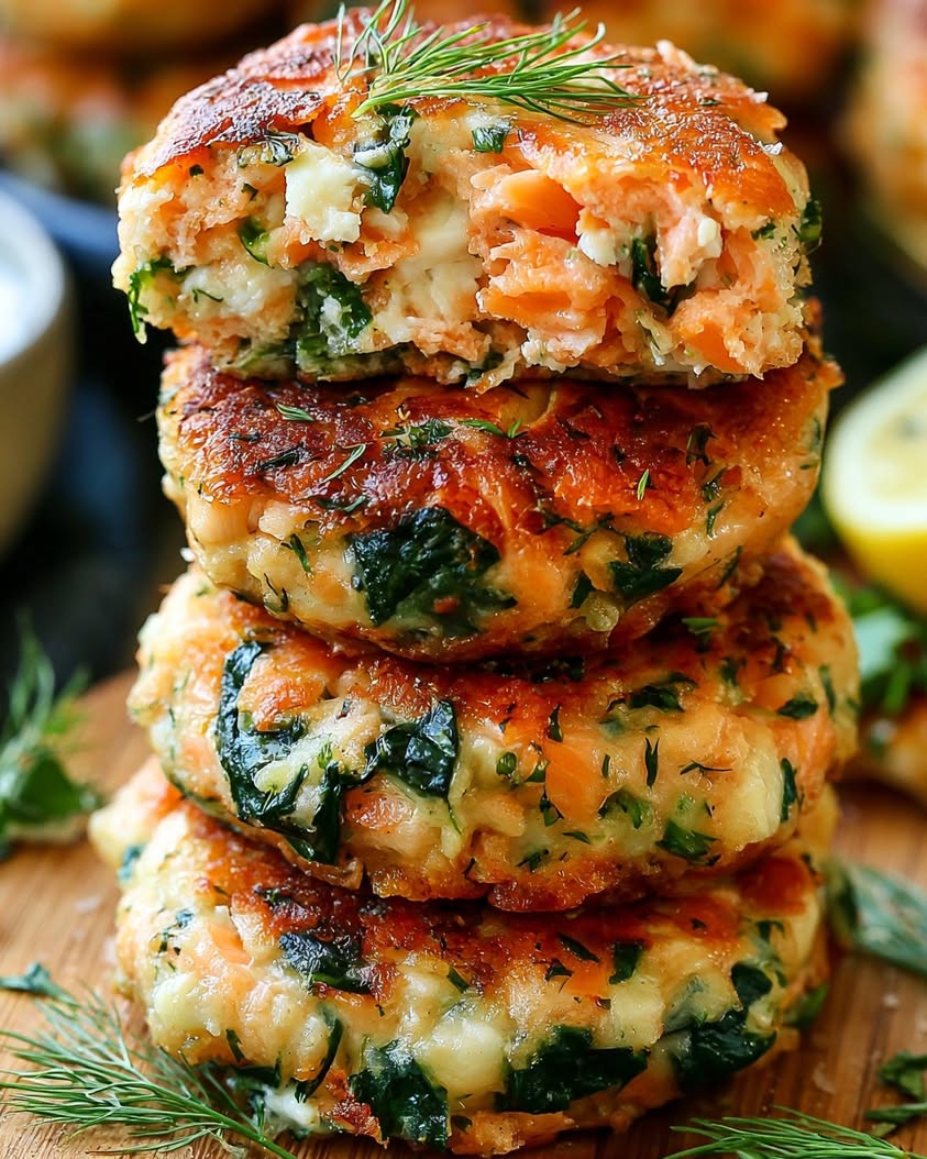 Golden Mediterranean Salmon Patties with Spinach and Creamy Feta 8 Golden Mediterranean Salmon Patties with Spinach Creamy Feta and Fresh Herbs