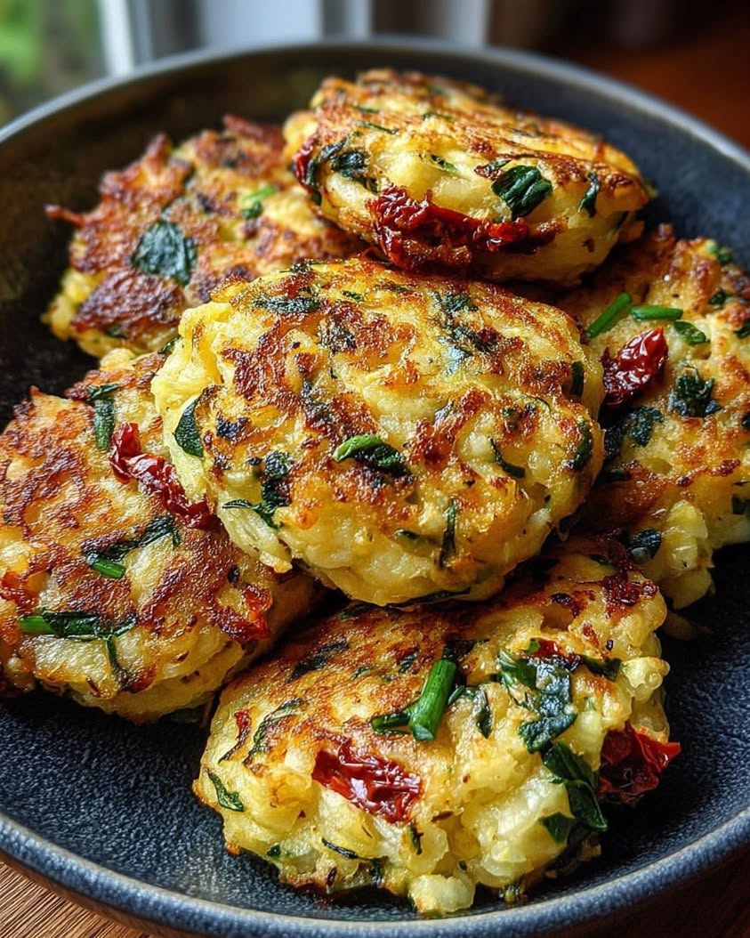 Golden Potato Zucchini Rosti Bites with Feta Spinach Sun Dried Tomato