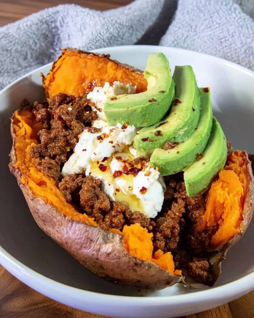 Hot Honey Stuffed Sweet Potatoes: Beef, Cottage Cheese & Avocado