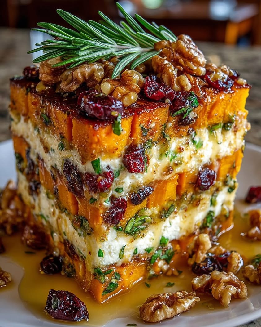 Layered Sweet Potato Butternut Squash Carrot Lasagna with Feta Walnuts and Cranberry Honey Glaze 1