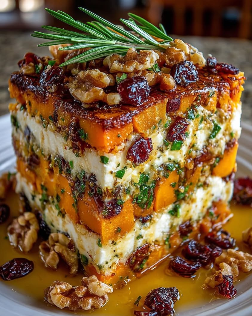 Savory Sweet Potato, Squash, and Carrot Lasagna with Cranberry Glaze 6 Layered Sweet Potato Butternut Squash Carrot Lasagna with Feta Walnuts and Cranberry Honey Glaze