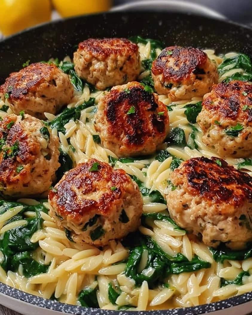 Lemony Chicken Ricotta Meatballs With Garlic Spinach Orzo Recipe 4 Lemony Chicken Ricotta Meatballs Over Garlic Spinach Orzo