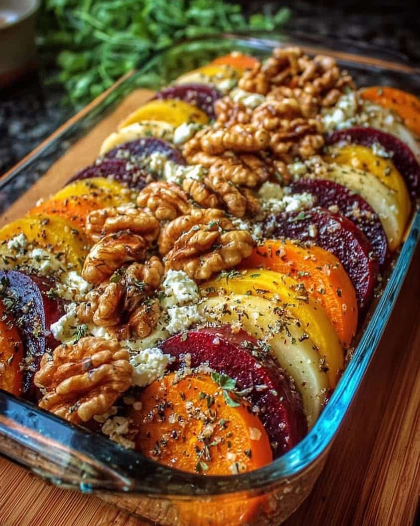 Mediterranean Beet, Sweet Potato & Feta Gratin with Walnuts 10 Mediterranean Layered Beet Sweet Potato Feta Gratin with Walnuts