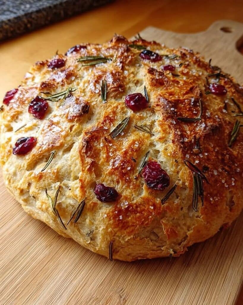 No Knead Rosemary Cranberry Bread with Olive Oil Sea Salt