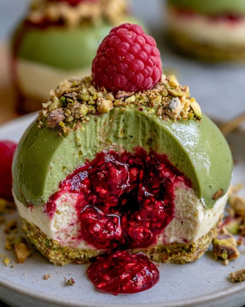 Pistachio Cheesecake Domes with a Raspberry Surprise