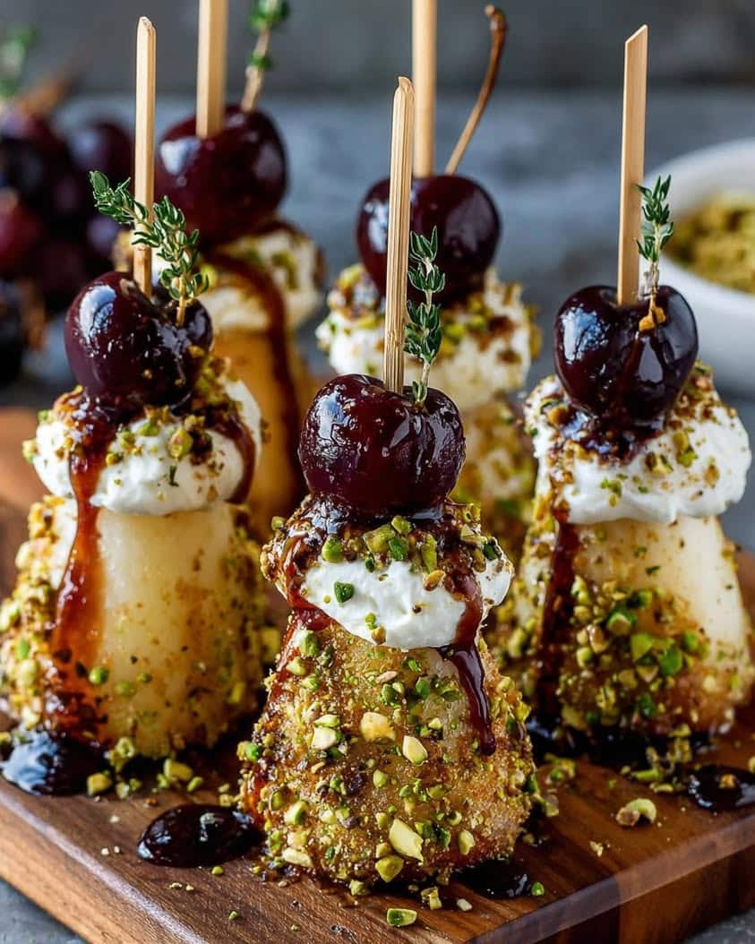 Pistachio Crusted Pear Skewers with Whipped Brie Cherry Honey