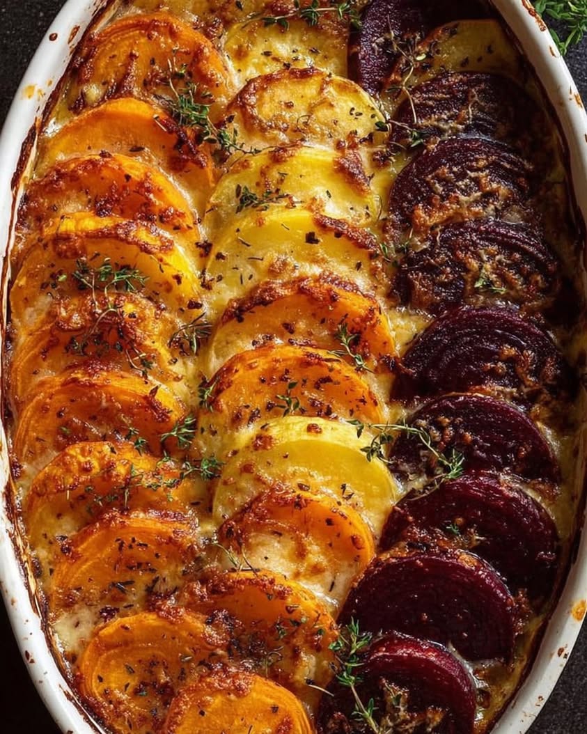 Root Vegetable Gratin with Sweet Potatoes, Parsnips, and Beets 8 Root Vegetable Gratin with Sweet Potatoes Parsnips and Beets